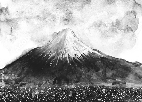 dipinto bianco e nero vulcano Fuji