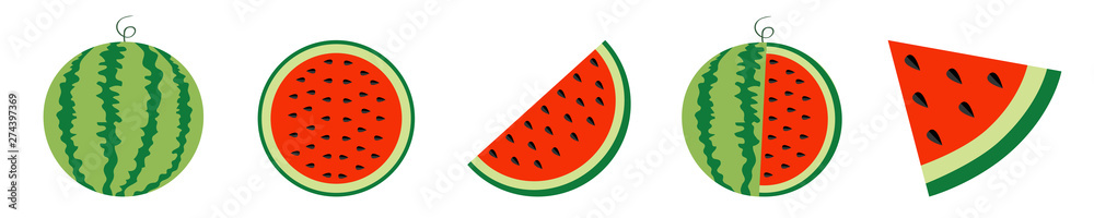 Watermelon icon set line. Whole ripe green stem. Slice cut half seeds. Triangle. Green Red round fruit berry flesh peel. Healthy food. Sweet water melon. Tropical fruits. White background. Watermelon icon set line. Whole ripe green stem. Slice cut half seeds. Triangle. Green Red round fruit berry flesh peel. Healthy food. Sweet water melon. Tropical fruits. White background.