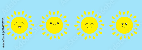 Sun shining icon set line. Kawaii face with different emotions. Cute cartoon funny smiling character. Hello summer. Baby collection. Flat design. Blue background. Isolated.