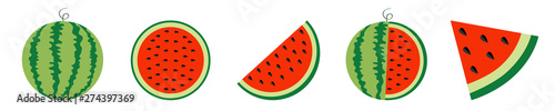 Watermelon icon set line. Whole ripe green stem. Slice cut half seeds. Triangle. Green Red round fruit berry flesh peel. Healthy food. Sweet water melon. Tropical fruits. White background.