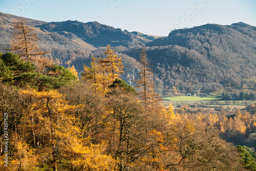 Beautiful Autumn Fall landscape image of the view from Catbells near Derwentwater in the Lake District with vivid Fall colors all around the contryside scene
