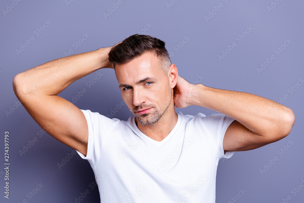 Close up photo amazing he him his middle age macho ponder pensive perfect appearance look mirror shower neat ideal hairdress styling stylist salon wear casual white t-shirt isolated grey background Close up photo amazing he him his middle age macho ponder pensive perfect appearance look mirror shower neat ideal hairdress styling stylist salon wear casual white t-shirt isolated grey background