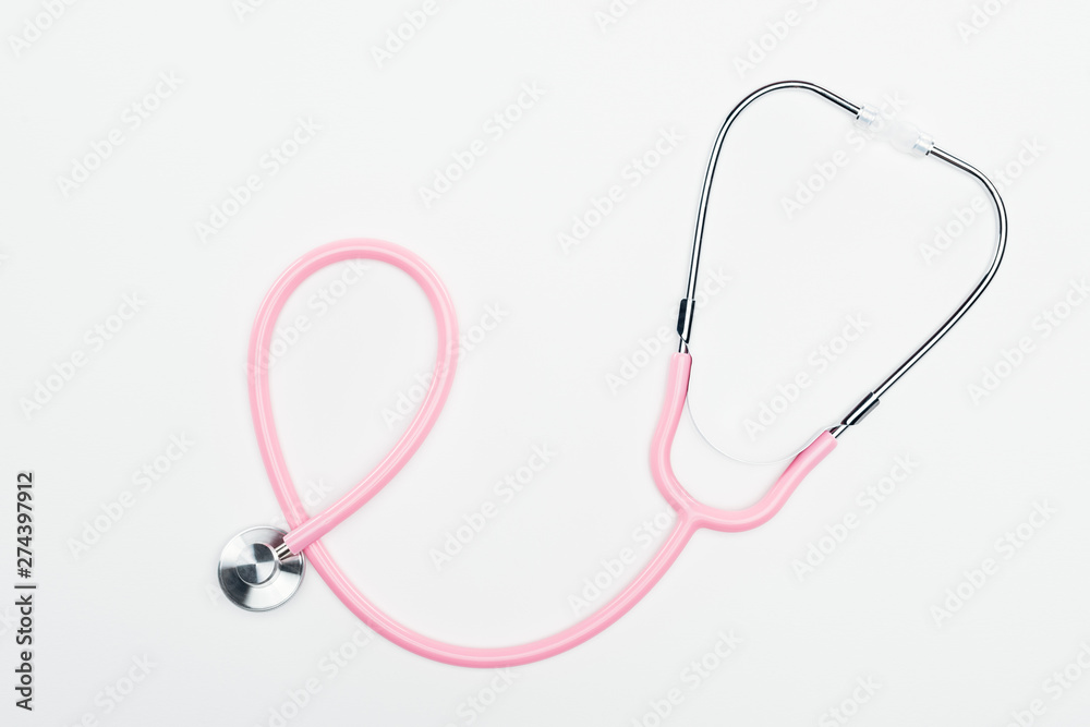 top view of stethoscope on white background, breast cancer concept top view of stethoscope on white background, breast cancer concept