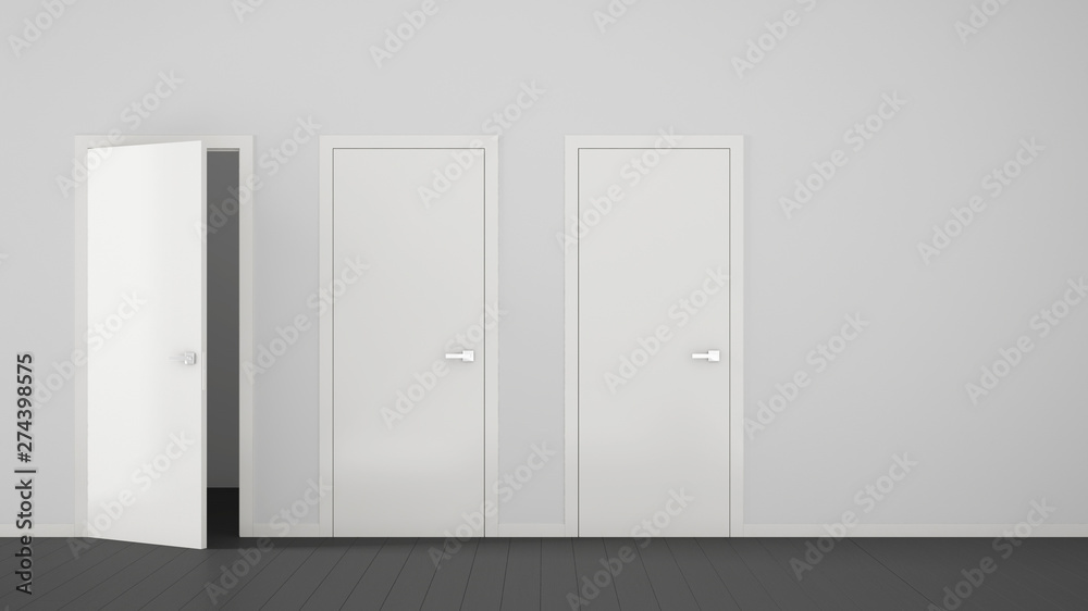 Empty room interior design with closed and open doors with frame, door handles, wooden gray floor. Choice, decision, selection, option concept idea with copy space Empty room interior design with closed and open doors with frame, door handles, wooden gray floor. Choice, decision, selection, option concept idea with copy space