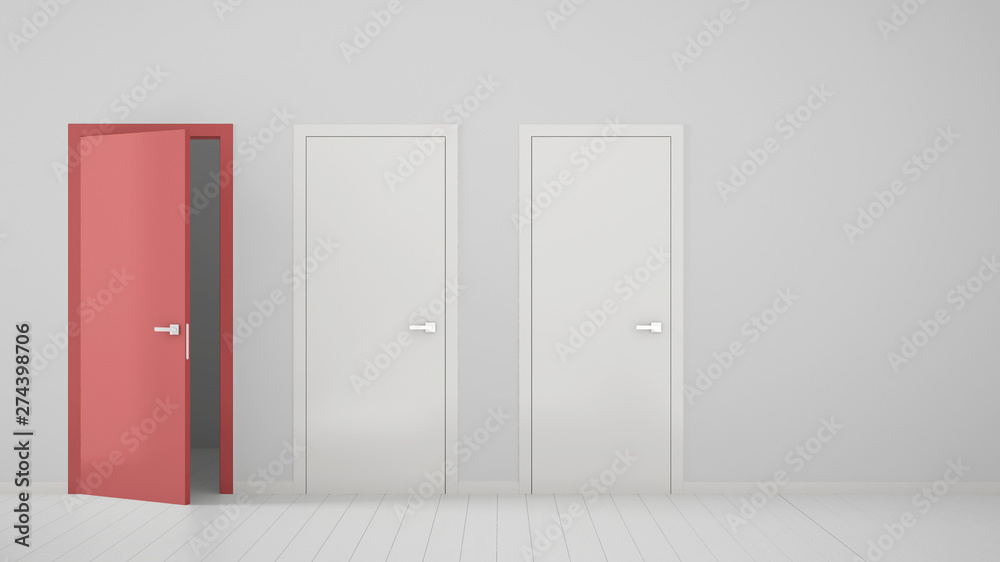 Empty room interior design with two white closed doors and one open red door with frame, wooden white floor. Choice, decision, selection, option concept idea with copy space Empty room interior design with two white closed doors and one open red door with frame, wooden white floor. Choice, decision, selection, option concept idea with copy space