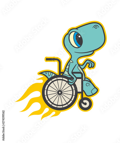 Vector colored sign sticker, handicap baby dinosaur seat on wheelchair. Speed with fire. Isolated on white background.