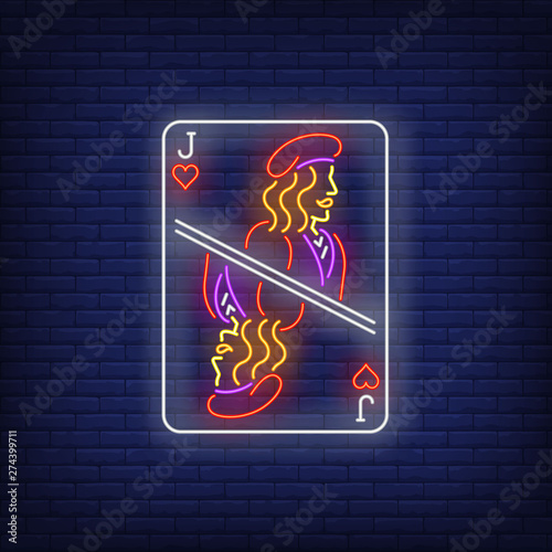 Jack of hearts playing card neon sign. Gambling, poker, casino, game design. Night bright neon sign, colorful billboard, light banner. Vector illustration in neon style.