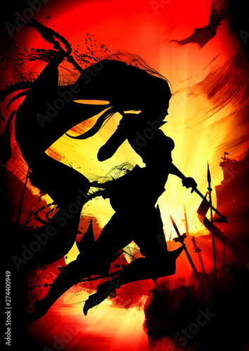Silhouette of a woman knight running across the battlefield with a flag in her hands