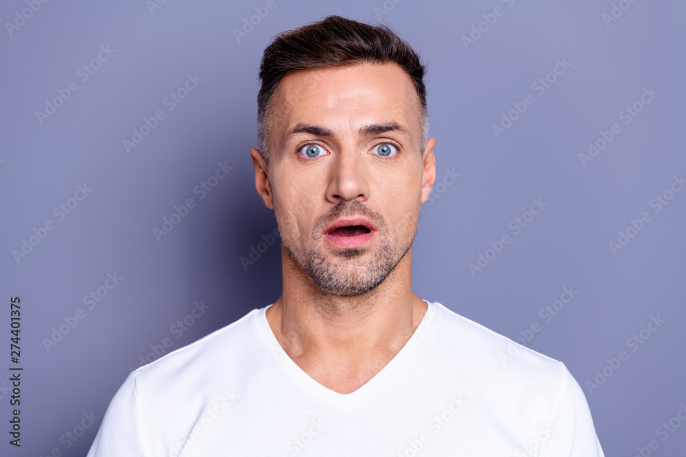 Close up photo amazing he him his middle age macho perfect appearance open mouth big epic fail loser not believe eyes awful terrible bad situation wear casual white t-shirt isolated grey background