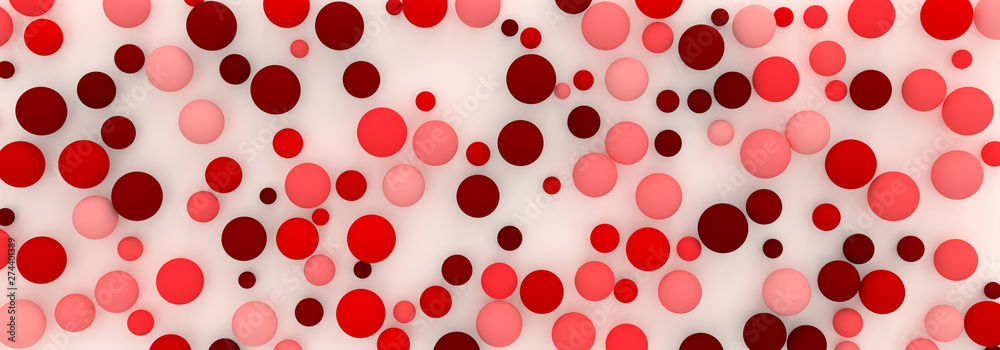 abstract background of randomly scattered spheres of red shades, 3d illustration