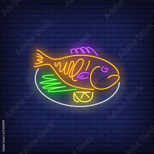 Cooked fish on dish neon sign. Restaurant, dinner, food design