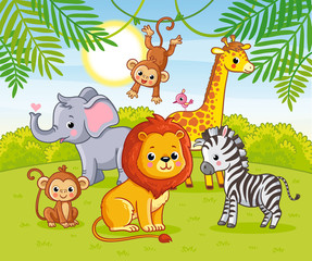 Wandcirkels Cartoons Afrikaanse junglediertjes tussen groene planten  © svaga
