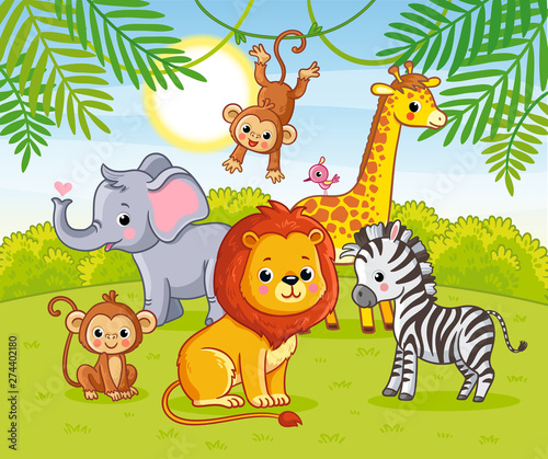 Cute African animals in the jungle. Animals in the green jungle Stock  Vector | Adobe Stock