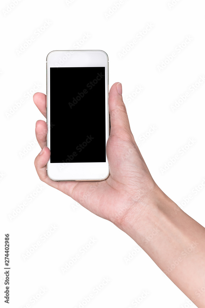Woman hand holding smart phone with blank screen isolated on white Woman hand holding smart phone with blank screen isolated on white