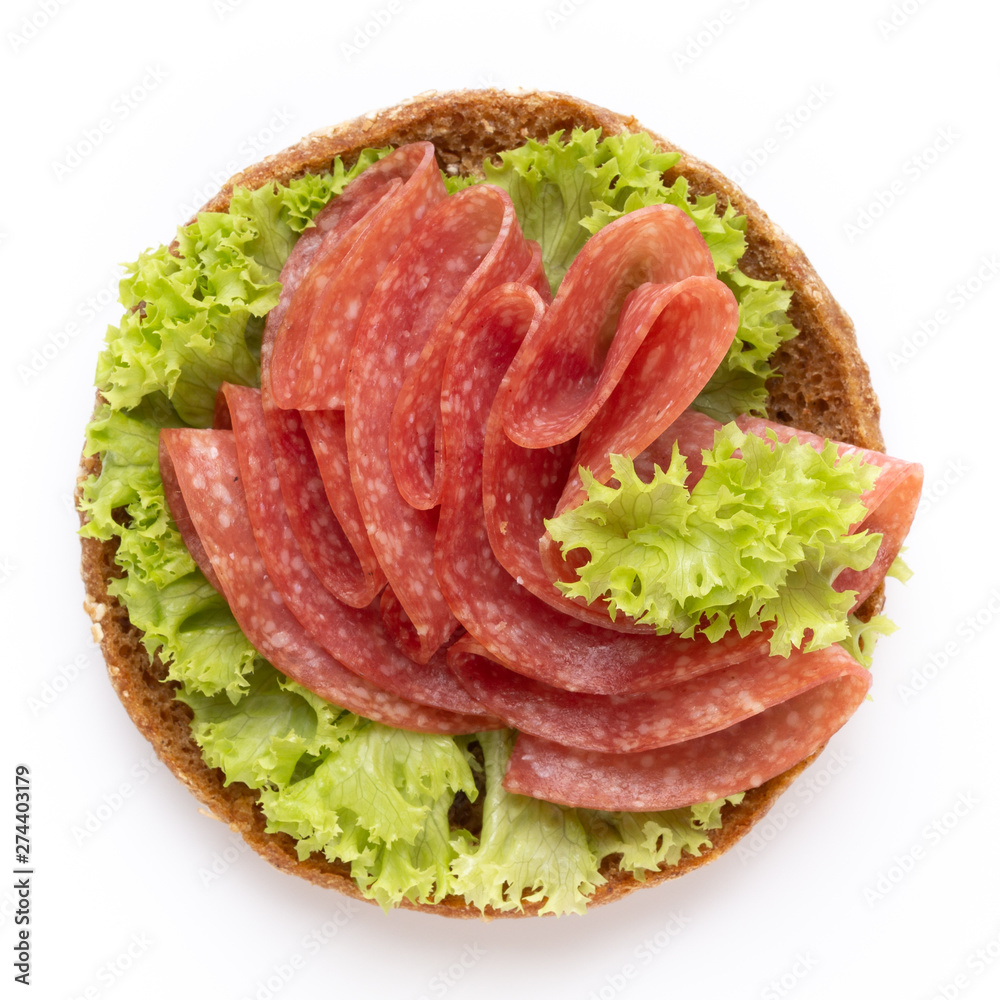 Sandwich with salami sausage on white background. Sandwich with salami sausage on white background.