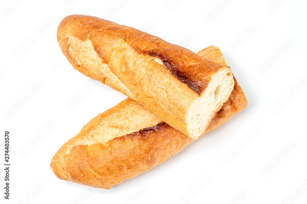 Baguette cut in half. Baguette bread. French bread. Organic baguette francese on white background, Top view