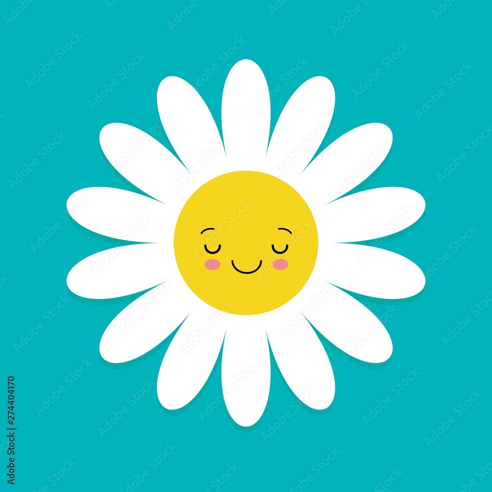 White daisy chamomile with face head. Cute flower plant collection. Love card. Camomile icon. Cute cartoon smiling character. Growing concept. Flat design. Blue background. White daisy chamomile with face head. Cute flower plant collection. Love card. Camomile icon. Cute cartoon smiling character. Growing concept. Flat design. Blue background.
