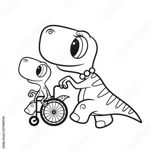 Vector black line cartoon image, handicap baby dinosaur seat on wheelchair and mom carries him. Isolated on white background.