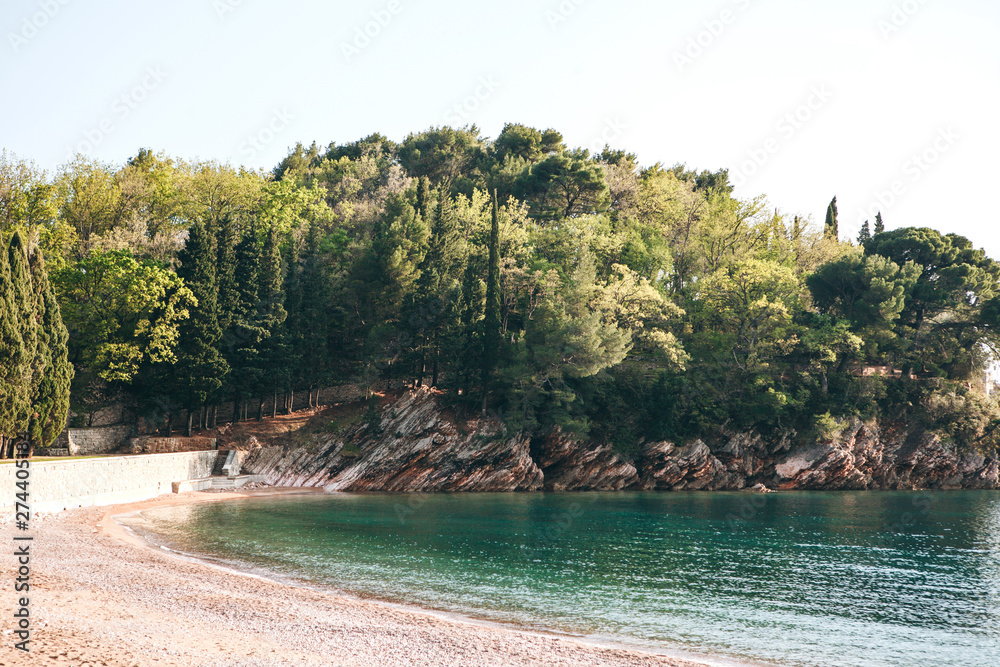 Beautiful view of the natural landscape. Rocky shore with trees and sea off the coast of Montenegro.