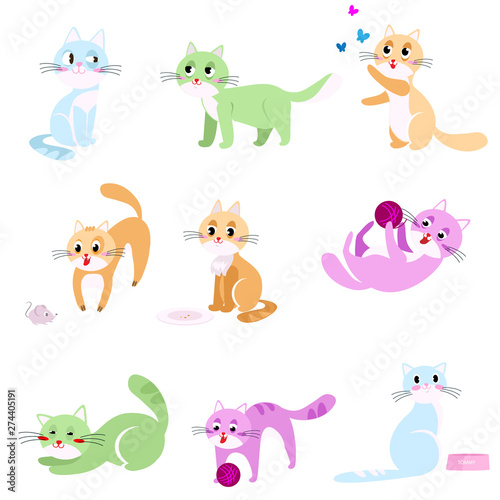 Set of colorful abstract cats in different home action