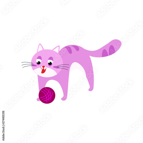 Purple color home cat is playing with thread red ball