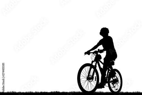 Silhouette man and bike relaxing on white background