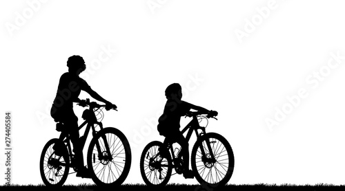  silhouette Mother and daughter ride bike on white background