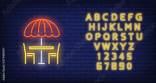 Summer cafe neon sign. Glowing illustration of two chairs, cafe table and umbrella. Can be used for advertisement, summer cafe, restaurants, lounge zones