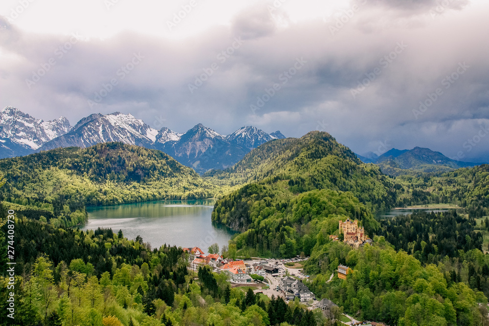Beautiful landscape of mountains, forests, lakes. View from above. Schwangau. Bavaria, Germany