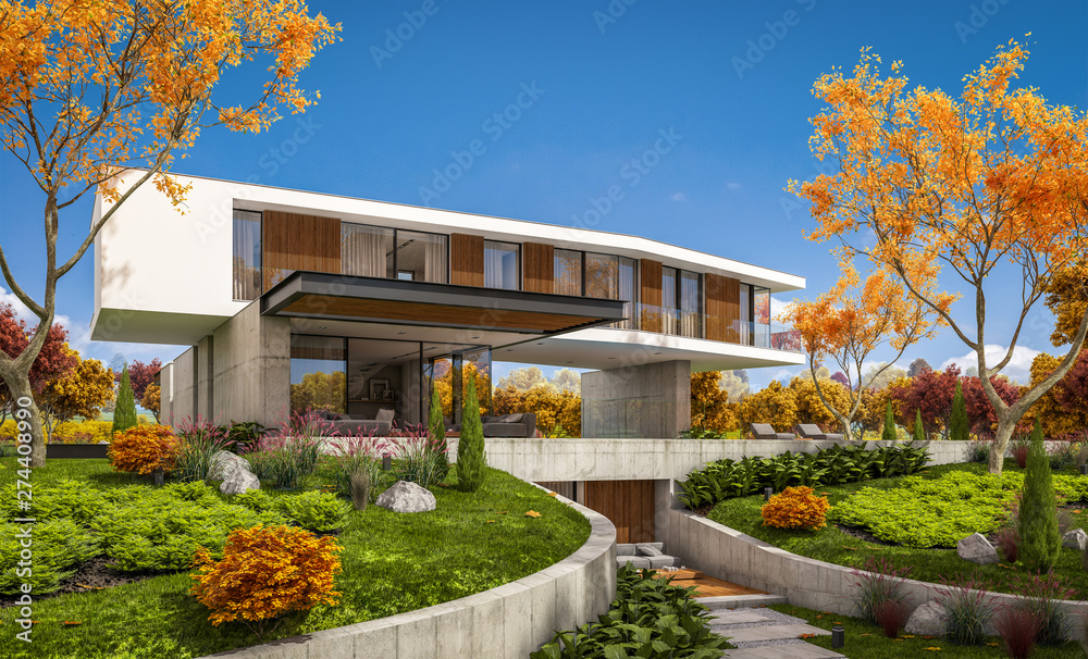 3d rendering of modern cozy house on the hill with garage and pool for sale or rent with beautiful landscaping on background. Clear sunny autumn day with golden leafs anywhere