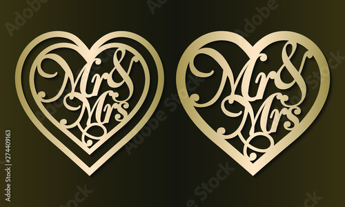 Laser cut pendants template. Set of jewelry love heart with Mr & Mrs. Golden vector illustration. Bijouterie design. Heart silhouette for Valentine's day for wood carving, paper cut, diecut pattern.