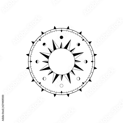 Navigational compass face with rose of winds, sundial and lunar calendar.