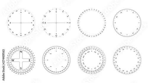 Circular protractor with dial and wind directions. Editable stroke width.