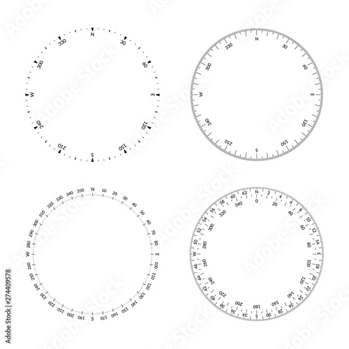 Circular protractor with dial and wind directions. Editable stroke width.