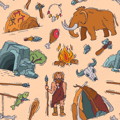 Primitive people vector primeval neanderthal character and ancient caveman fire in stone age cave illustration prehistoric man with stoned weapon and mammoth