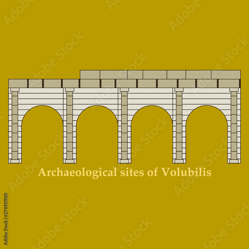 Historical landmark of Volubilis City in Morocco. Hand drawn sketch illustration in vector.