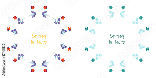Vector floral set.Colorful purple floral collection with leaves and flowers,drawing watercolor. Spring is here text