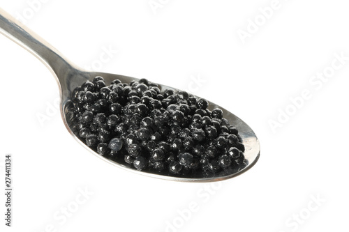 Spoon with caviar isolated on white background
