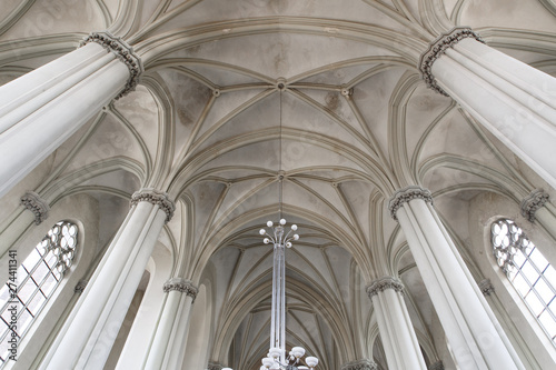 high columns inside the monastery. architecture inside the christian cathedral in lviv, Ukraine. Old church Lviv.