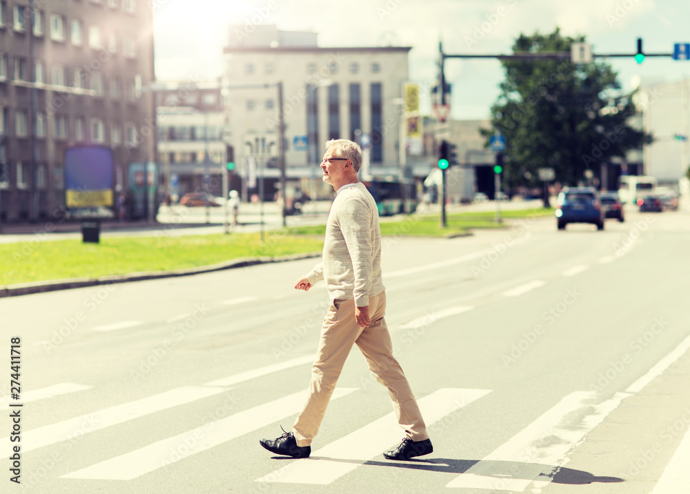 Fototapeta premium leisure and people concept - senior man walking along summer city crosswalk