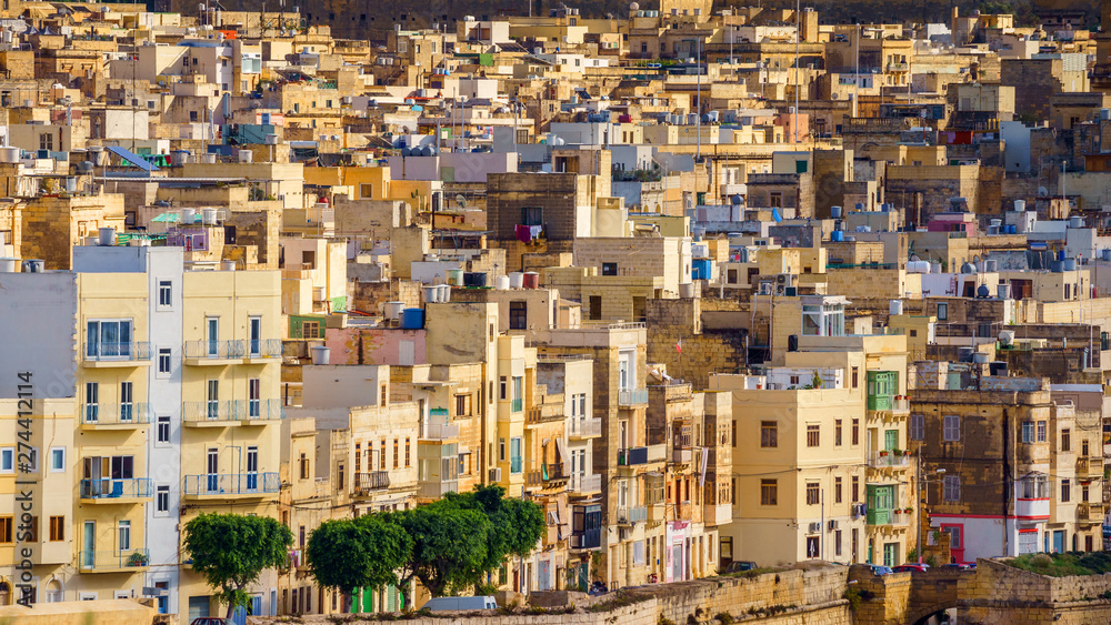VALLETTA, MALTA - NOVEMBER 12, 2018 - In bay The Grand Harbor Tricity of Valletta, Birgu and Senglea on the island Malta VALLETTA, MALTA - NOVEMBER 12, 2018 - In bay The Grand Harbor Tricity of Valletta, Birgu and Senglea on the island Malta