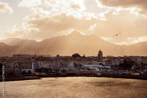 Panoramic view of the port of Palermo at sunset, Sicily, Italy photo