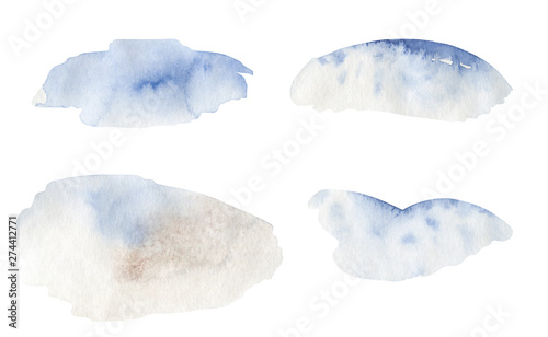 Blue watercolor hand drawn isolated wash spot on white background for text design, web. Abstract cold color brush paint paper grain texture illustration element for wallpaper