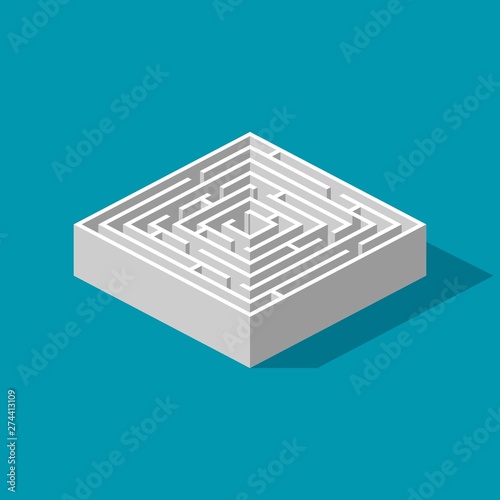 Labyrinth isometric game and maze fun puzzle isolated on blue background. Puzzle riddle logic game isometric concept. Vector illustration