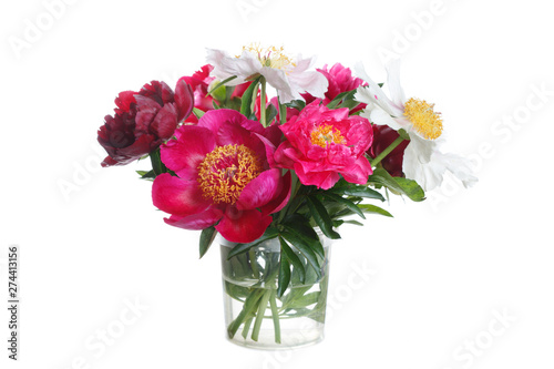 Colorful peonies bouquet isolated on white background.