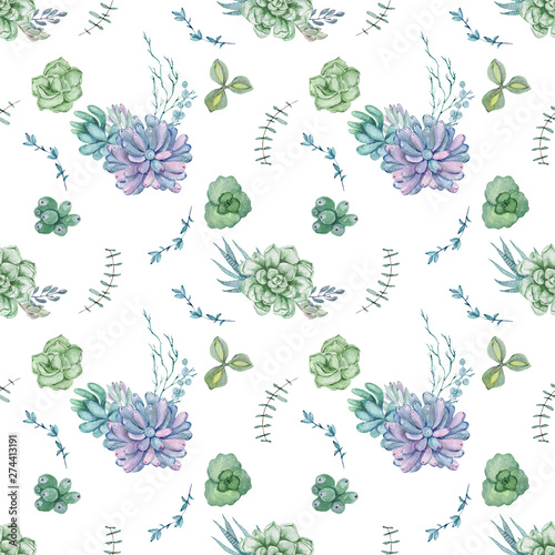 Seamless pattern with Succulents. Watercolor graphic for fabric, postcard, wedding or greeting card, book, poster, tee-shirt, banners, emblems, logo. Illustration, isolated objects.