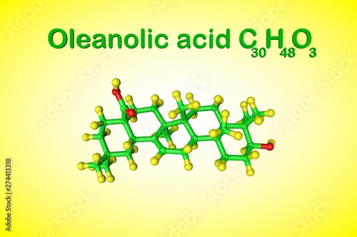 Structural chemical formula and molecular model of oleanolic acid, unsaturated organic acid. It has anti-cancer and antiviral effects. Scientific background. 3d illustration photo