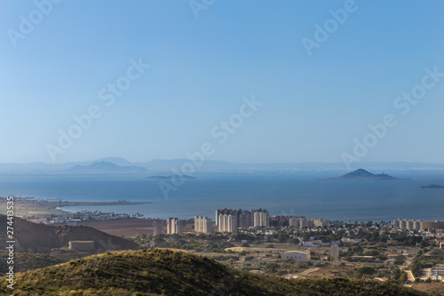 View of the coastline with La Manga town and the valley, Mar Menor, Murcia, Spain