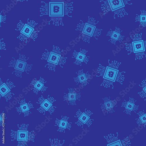 Blue CPU mining farm icon isolated seamless pattern on blue background. Bitcoin sign inside processor. Cryptocurrency mining community. Digital money. Vector Illustration