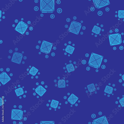 Blue ASIC Miner icon isolated seamless pattern on blue background. Cryptocurrency mining equipment and hardware. Application specific integrated circuit. Vector Illustration